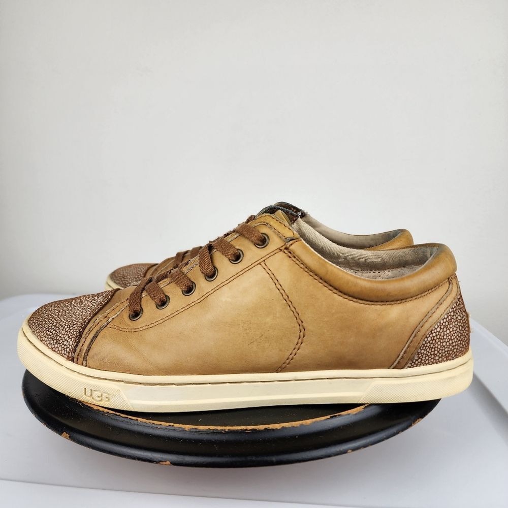 UGG Australia Taya Tan Leather Sneakers Silver Metallic Detail Women's 9.5 - Picture 3 of 10